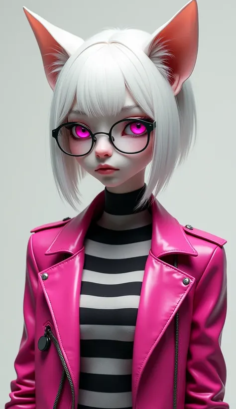  Full body image,  realistic sleek style of a boy , half male and half feline male ,  with white hair, magenta pink eyes , Skinny physical size ,  a serious face representing intellect ,  wearing prescription glasses,  and wearing a black and white striped...