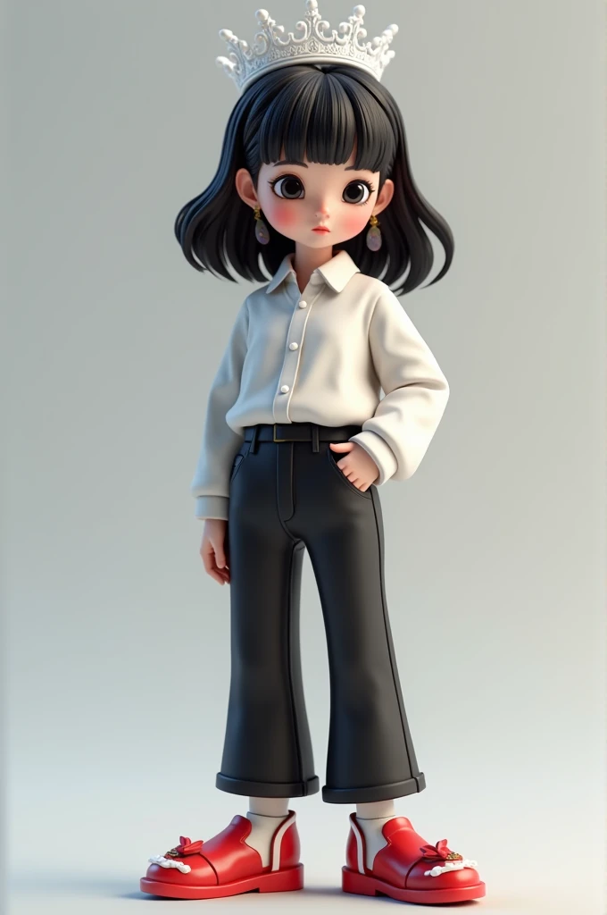 Create the image of a Korean 3D character with a black eye and a white bts blouse and black pants and a white tiara and a red shoe with a white detail