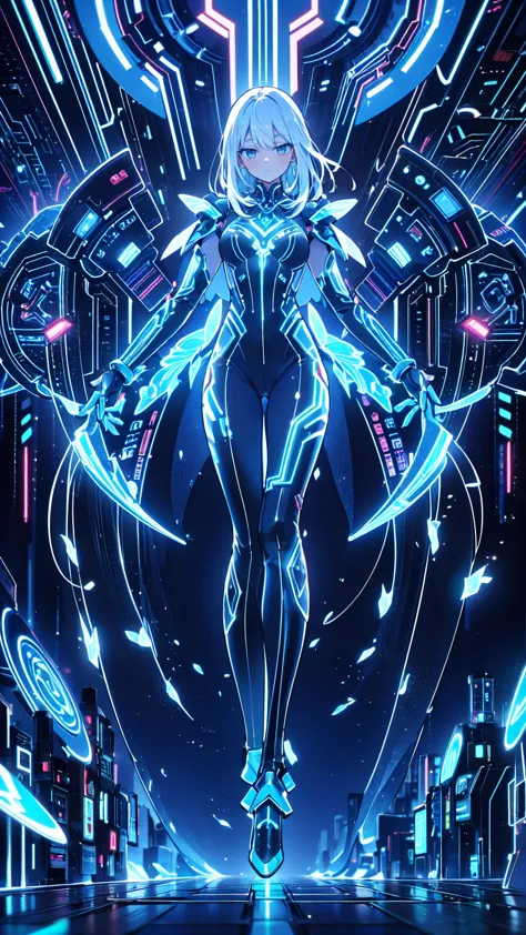 、 The whole body is visible、Full Body View、Head to toe diagram、beautiful, Shining Futuristic Woman , Complex Circuits, Neon-like colors,    Cyberpunk Style  , advanced technology,    Digital Art , Advanced Details, Realistic,  Of dramatic lighting,    dyna...