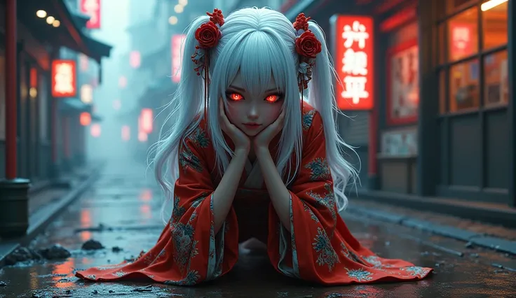 geisha. white  hair. Eyes red. on his knees. brooding. Cyberpunk Background 