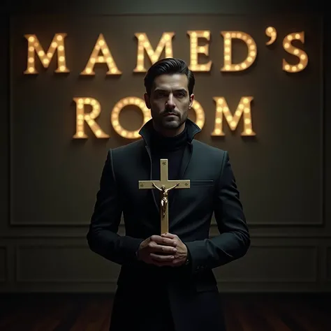 I want a man who wears cool style, has a the background Christian cross in his hand and has MAMEDS ROOM written on the wall of the room with gold text. 