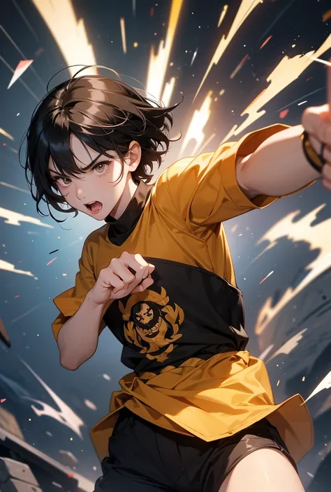 Black hair, short hair, brown eyes, 1littleboy, screaming, angry clenched fist, ready to fight.