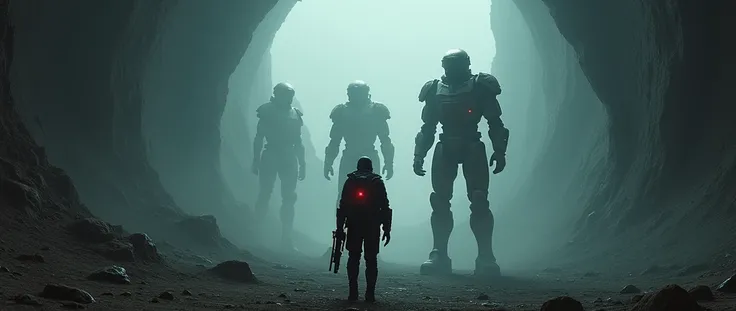 cinematic film, ridley scott, dramatic lighting. post apo scifi vista, one alone soldier with riffle in hands withtwo  red smal light on uniforms, another soldiers in power armor. dystopian, 16:9. empty environment, big hole similar to canyon,, view from a...