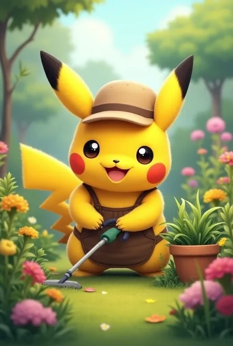 Pikachu gardener with grass trimmer and scissor for cutting branches 