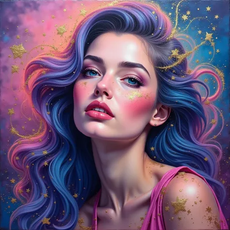 ROLF ARMSTRONG STYLE, Oil painting relief a vibrant and colorful portrait of a woman. A mix of pink, blue, and purple hues, with gold accents scattered throughout. Her flowing hair is a blend of these colors, intertwined with splashes of gold. The backgrou...