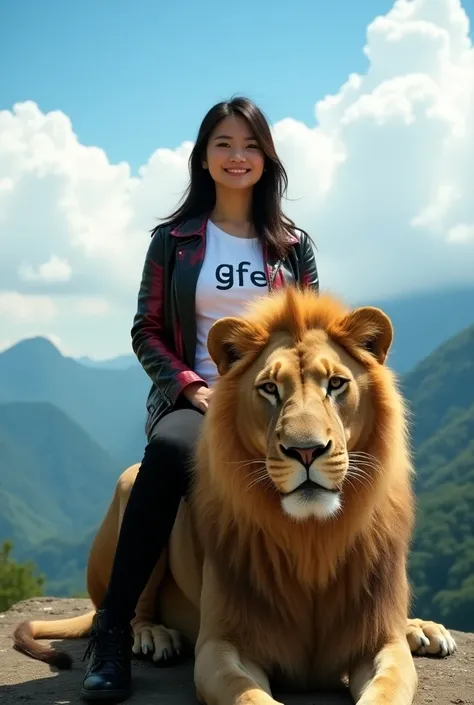 A beautiful young Thai woman. with bright facial skin sitting on a big lion. wearing a black and red and royal black gradient leather jacket, white t-shirt with name "GFE", and black pants, shoe.neat hair, smile at the camera.The background is clear contra...