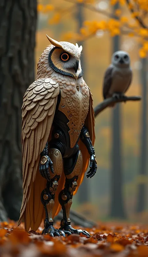 "Design a hyper-realistic character that merges Chitti (Robot 2.0) with the mystical and wise qualities of an owl, standing in the heart of a dense autumn forest. The character has a sleek, metallic frame with integrated feathers that resemble an owls plum...