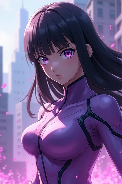 Screenshot of My Hero Academia girl with straight black hair with purple eyes with bangs and wearing a lilac hero costume 