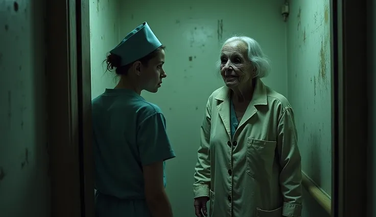 a dreary old hospital ,  with dimly lit corridors and worn paint ,  there is an elevator entrance with a sinister old woman wearing a patients coat who is staring at a nurse with black eyes and a sinister smile who finds herself looking at this old woman i...