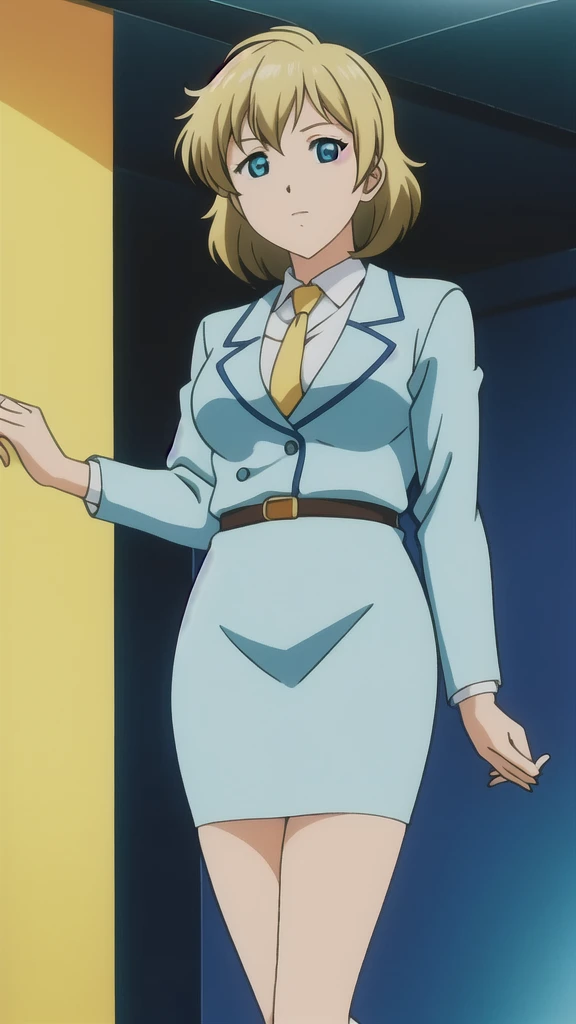 Blonde、 bob cut、Green Eyes、悲しface、 Full Body Style 、 normal breasts、 narrow waist 、Bare legs、 blue jacket ,襟付きshirt, shirt, yellow tie ,belt,,  Blue Mini Pencil Skirt, black tights，White pumps，My legs are slightly flabby， official art, Extremely High Defin...