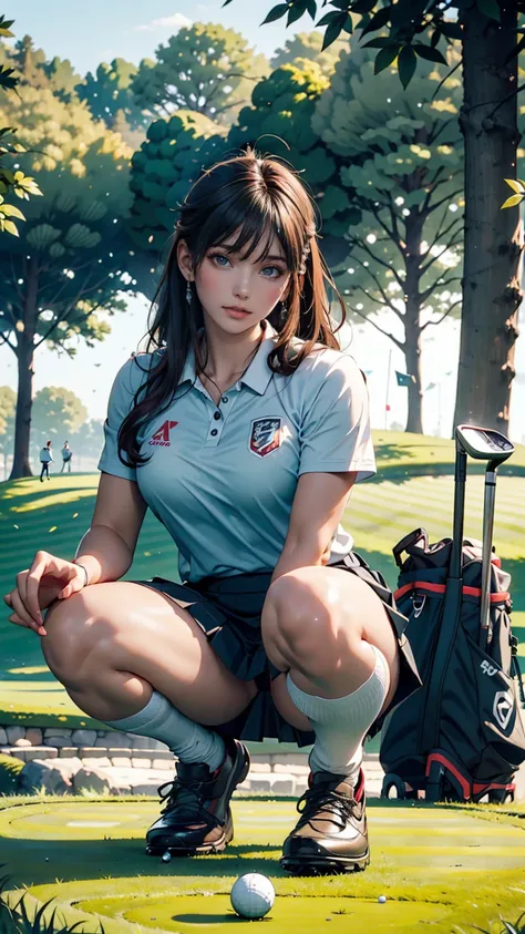   Beautiful Japanese Woman Wearing Golf Wear, Real person, Detailed body, Squat, live-action,  skirt flip, Im on the green of the golf course、Putter Shot 、  About Leading the Turf 