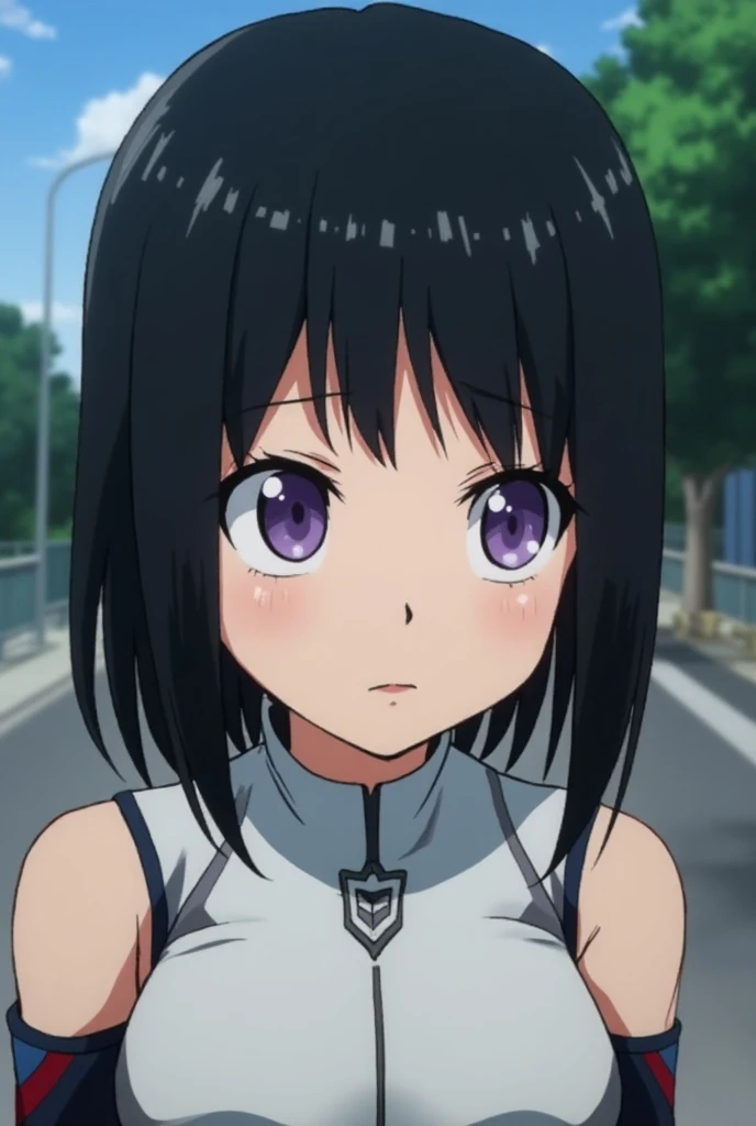 Screenshot of My Hero Academia girl with straight black hair with purple eyes with bangs and with a costume that is not attached to her white body