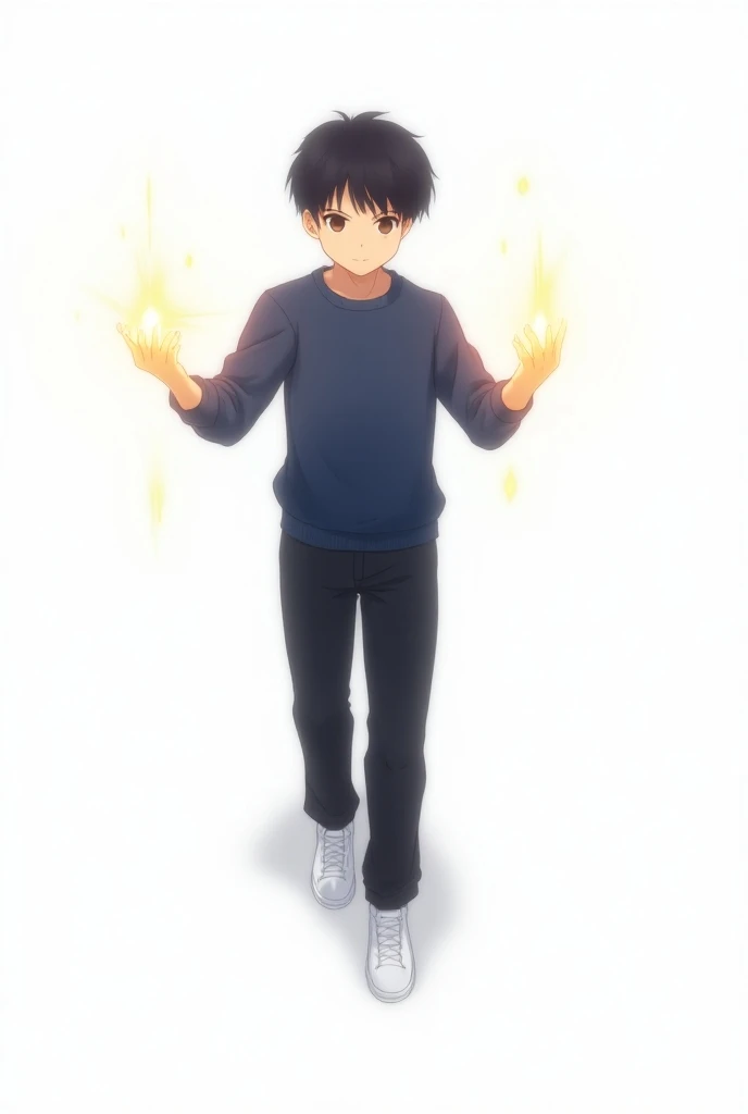 (anime) A teenage boy , black hair , brown eyes, wearing a dark blue sweatshirt,  black pants ,  white shoes , using your fingers to create rays and a white background behind it 