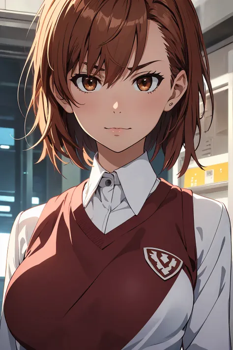 (Highest quality:1.5, High resolution, uhd, 4K, Detailed lighting, Shaders), NSFW Misaka Mikoto,　solo short hair　Brown Hair　Brown eyes　Cool face,((pussy))