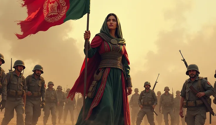 "Create an illustration of Malalai of Maiwand inspiring Afghan soldiers during the Battle of Maiwand. The scene should show Malalai, a young Afghan woman in traditional Afghan attire, standing with courage and determination as she raises the Afghan flag or...