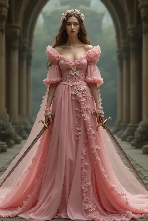 arafed woman in a pink dress holding a sword and a sword, wearing a pink ballroom gown, victorian style costume, as a medieval fantasy character, modest flowing gown, wearing fantasy formal clothing, dressed in a medieval lacy, medieval princess, victorian...