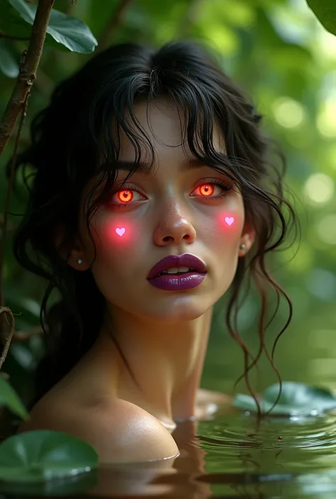 Woman 25 years old, Armenian, Armenian appearance, ideal appearance, ideal woman, sexy, woman in the thicket, green shining water, cute attractive face, plump bright purple lips, huge lips shine, sticky lips, bites her lower lip, lower lip is bitten, brace...