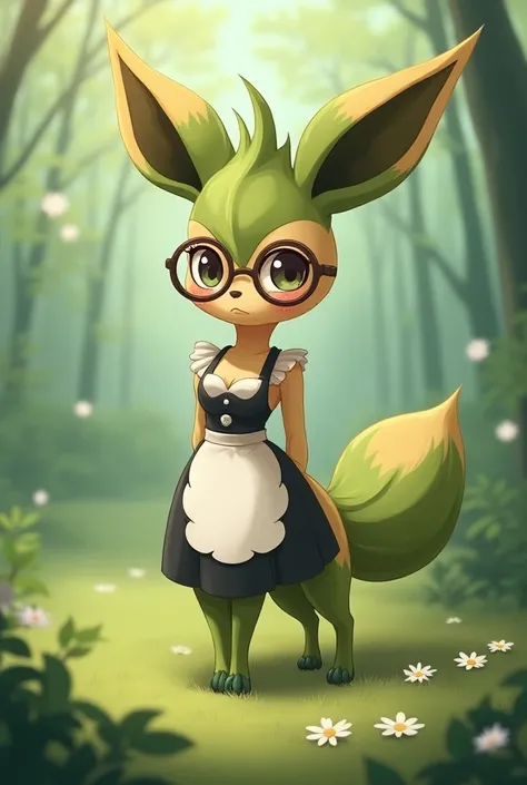 score_9,score_8_up,score_7_up, anthro furry female leafeon Pokemon, tall, wearing maid dress, shirtless, nip breast,  big round glasses, eyes half opened, bored eyes, smiling softly, mouth open, outdoors, at a park, blushing, portrait 