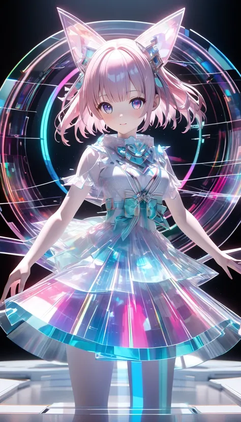 virtual idol , character "Atlas", Alone, (( transparency through holographic projection ３d,  transmission processing for aesthetic color expression applying super retina technology, Translucent texture )),  BREAK captivates all viewers 