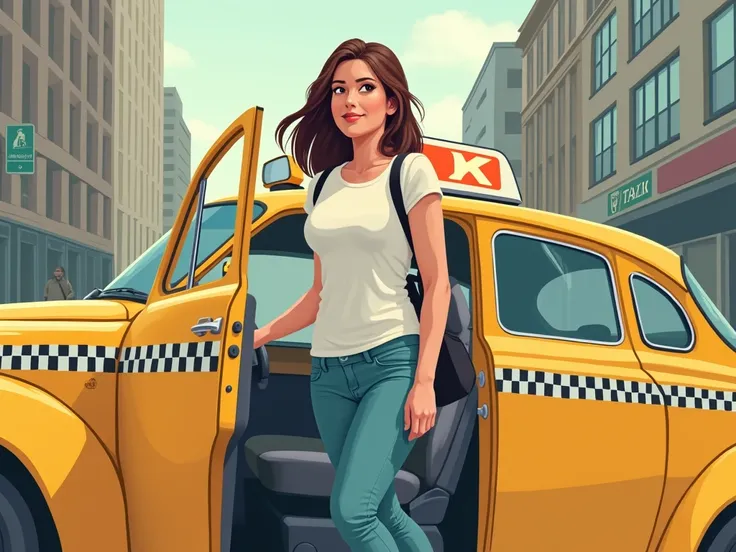  a woman entering a taxi on a city street. The woman has shoulder-length hair, wears casual clothing, and is opening the door of a classic yellow taxi with a checkered stripe, preparing to step inside. The background shows a lively urban setting with tall ...