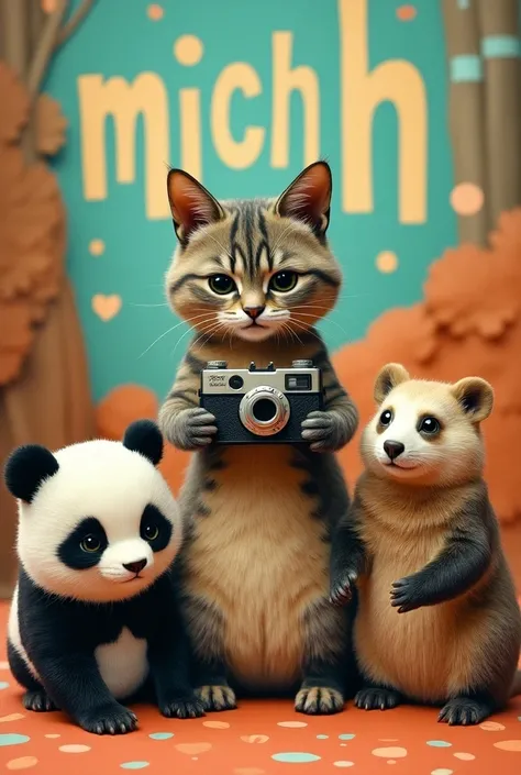  Cat holding camera, panda, Marmot , With letters forward say Michi  , color.