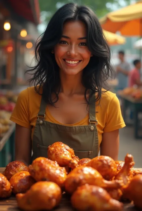 an adult Brazilian girl in her 40s 
 Selling roasted chicken, joyous
with black hair and loose 