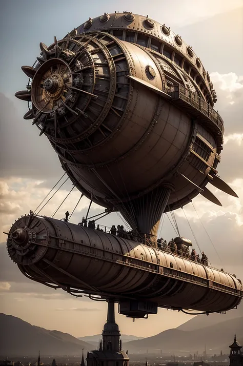 A photo of a steampunk-inspired airship soaring through the sky, propelled by a magnificent array of gears and turbines.