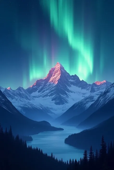 MAKE a png of a mountain with the colors of the Northern Lights