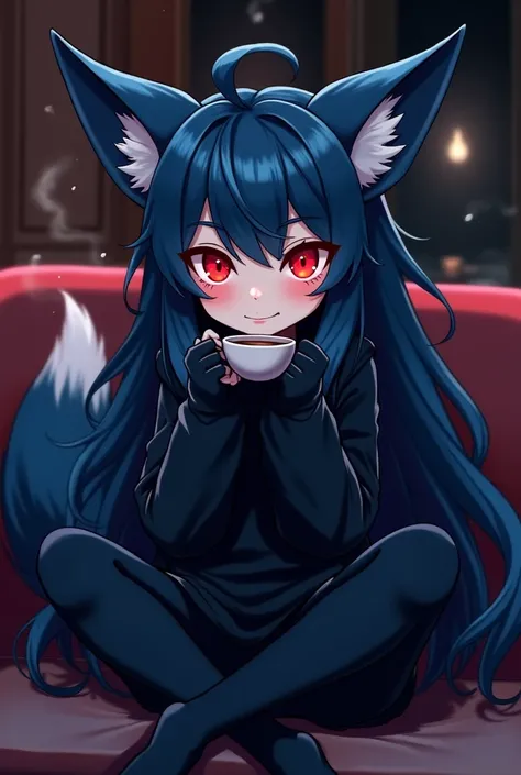 Female, Mobian, Fox, ((())), (((2D Anime Style))), (solo), (1girl), high quality digital art, red and black neon lines sketch art, a dark blue furred female anthropomorphic Fox, has glowing red eyes, (((dark blue fur))),  (ish smiling), open mouth, (((VERY...