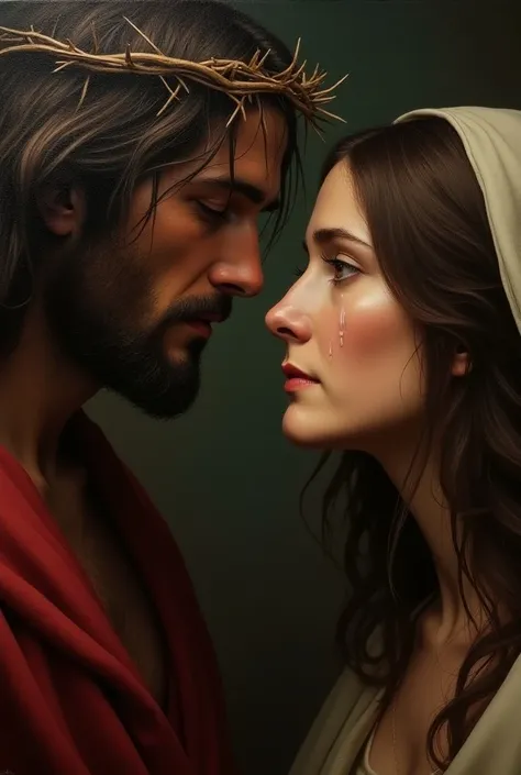 I want a portrait of Jesus Christ with a crown of thorns and Mary Magdalene looking into each others eyes with love and tears