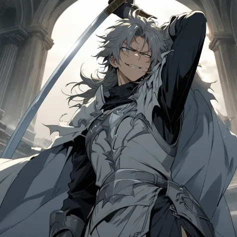 Anime, well detailed, paladin, paladins clothes, Cape, 1 guy, Disheveled hair ((gray)), evil grin, arm up holding a large sword 