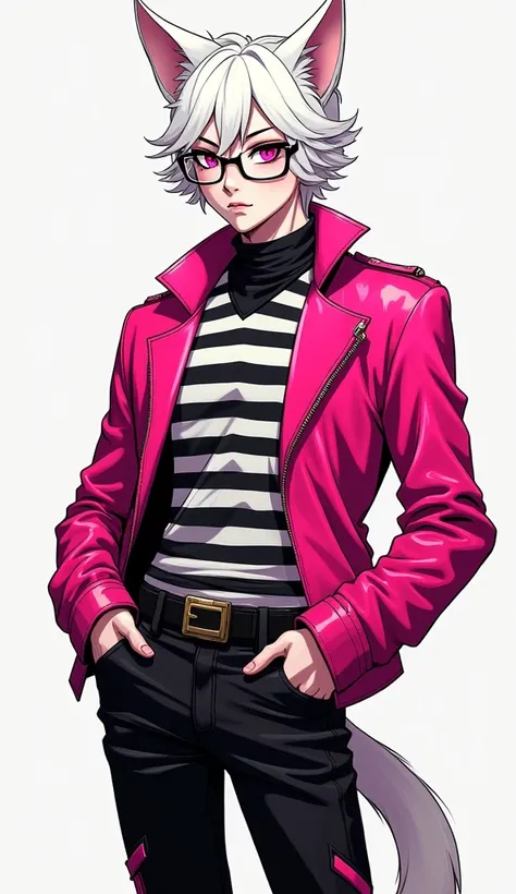  Full body image, A mans manga style , Half human and half male feline, with short white hair, magenta pink eyes , Skinny physical size ,  a serious face representing intellect ,  wearing prescription glasses,  and wearing a black and white striped high co...