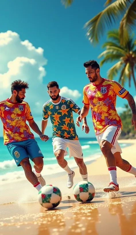 Create Neymar Junior ,  Lionel Messi and Cristiano Ronaldo,  playing soccer on the beach ,  all wearing beachwear , floral shirt,  their jersey .