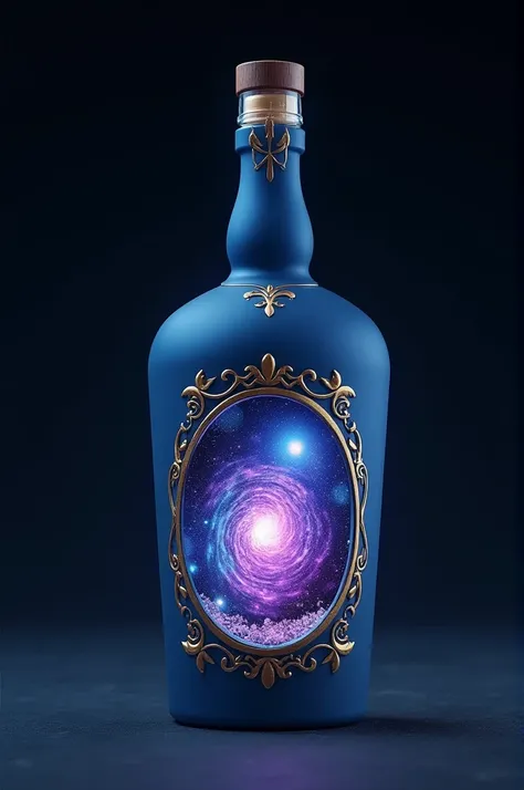 Design on the matte blue whiskey bottle with gold details and a Via Light, a very radiant galaxy inside 