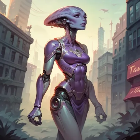  masterpiece ,  best quality ,  ultra high resolution ,  realistic skin texture, Female alien, sexy, tight clothes,  white and purple color theme,  cybernetic armor , Tunica, city, metallic skirt, psionic powers , big head, Bifurcated legs