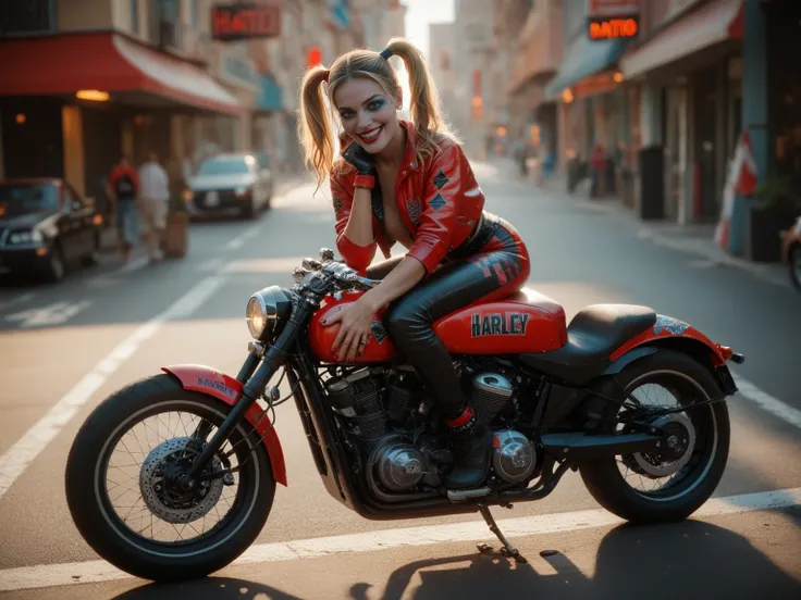 sexy dressed ultra realistic European Harley biker girl sits with her back to the camera in a full body shot in very sexy Harley biker clothing on a riding Harley Davidson and rides along Main Street Daytona, turning slightly and smiling into the camera. M...