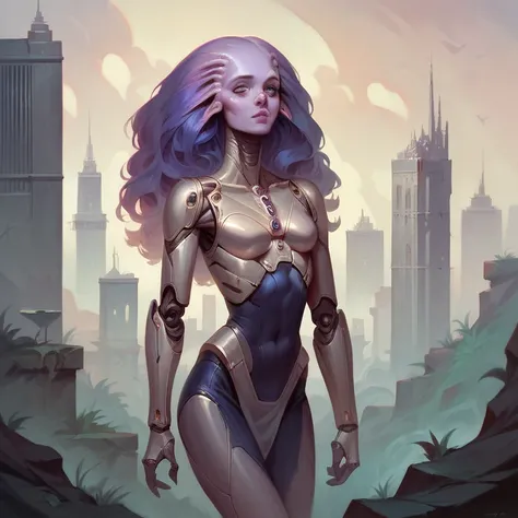  masterpiece ,  best quality ,  ultra high resolution ,  realistic skin texture, Female alien, sexy, tight clothes,  white and purple color theme,  cybernetic armor , Tunica, city, metallic skirt, psionic powers , big head, Bifurcated legs