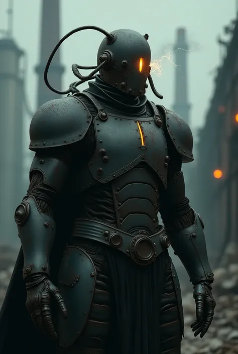 Dieselpunk entity clad in heavy, oil-slicked metal armor, covered in rivets and gears. Faceless iron mask with a single vertical slit emitting a dull yellow light, marred by rust and soot. Twisting cables snake from the head, sparking with electricity. Clo...