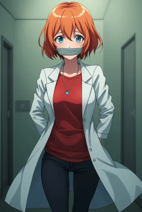 anime style 
woman
40 years old 
orange hair
shorts hair 
blue eyes
white lab coat
red t-shirt 
black pants
Blue shoes
White duct tape mouth 
White tape mouth 
Covered mouth with tape
Deseased 