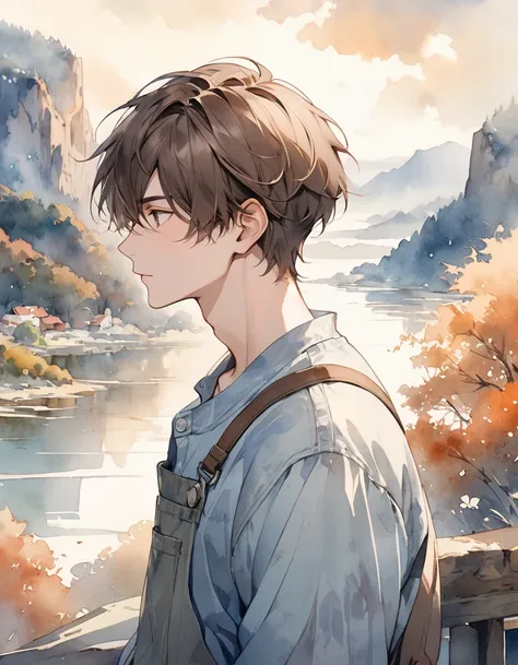 Artwork of a 20 year old male in casual clothing. A beautiful profile, (slightly cold and dispassionate expression) exudes the vibe of a man waiting for his lover. The background is soft, ((a dreamy watercolor landscape)) ((reminiscent of a masterpiece by ...