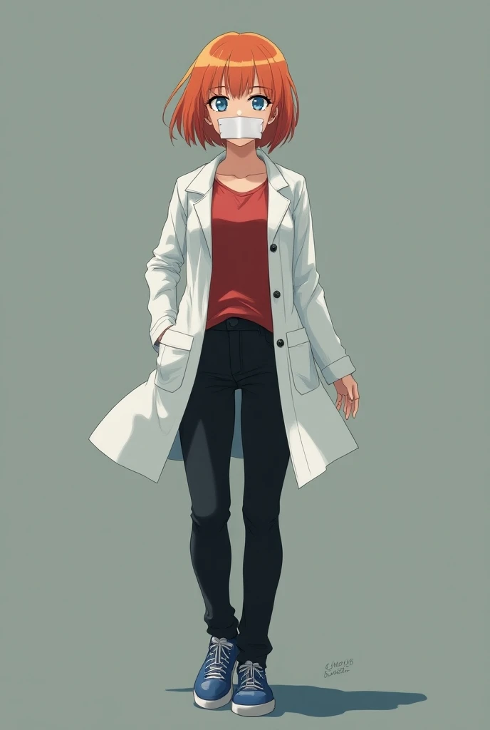 anime style 
woman
40 years old 
is dead
Is death 
Death dead
orange hair
shorts hair 
blue eyes
white lab coat
red t-shirt 
black pants
Blue shoes
White duct tape mouth 
White tape mouth 
Covered mouth with tape
Deseased 