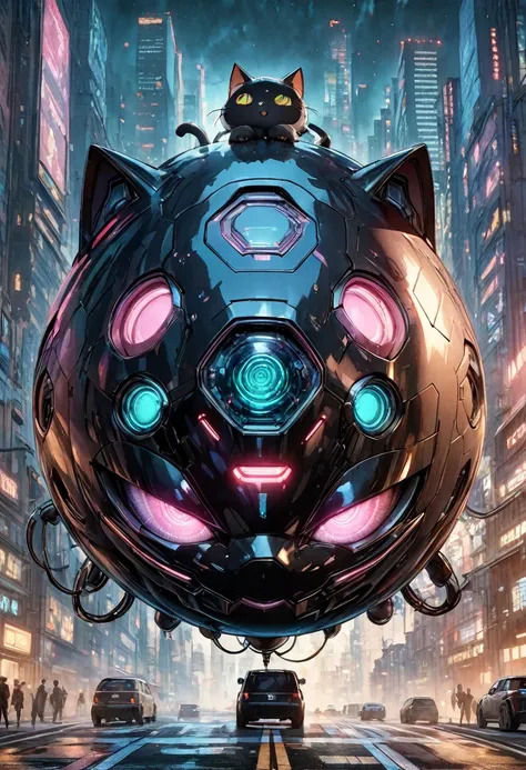 (masterpiece, best quality, ultra detailed, high resolution, detailed facial description), A small spherical support mechanism that resembles a Deformation cat face:1.1, (cyberpunk, skyscraper, midnight)