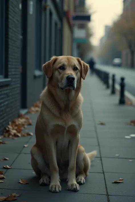 } Create a realistic image of a lonely abandoned dog ,  sitting on the sidewalk .  The dog must have a sad , hopeful ,  but a frightened look .  The dogs pose should express loneliness and vulnerability .  The background must be urban ,  with gray sidewalk...