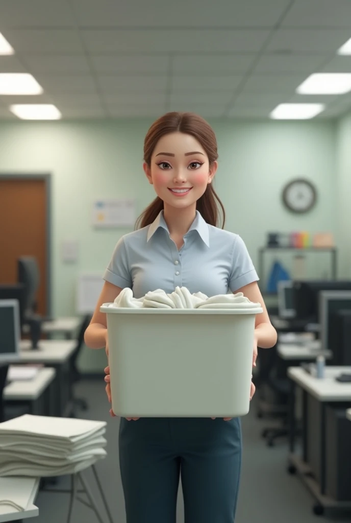 cleaning lady young woman with a container of clothes in the office 