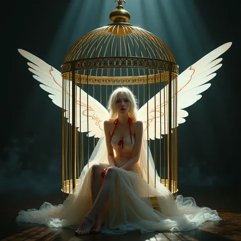 top view, full-length, clear outline, mysticism, dark fentesy, full frame, chiaroscuro, ultra quality, ultra realistic.Asuna Yuki Fairy, in a thin silk translucent white dress with red ribbons, sits on her hips inside a large golden bird cage, large long t...