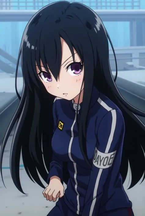 Screenshot of My Hero Academia white-skinned girl with black hair purple eyes with bangs and in training with mha 