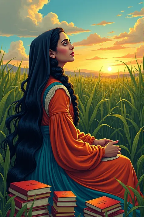  A colorful illustration depicts Sor Juana Inés de la Cruz as a , with dark hair in 
braids , sitting in a cornfield , rodeada de libros and mirando al horizonte lleno de 
palabras flotantes como "Poetry", "wisdom" and "courage