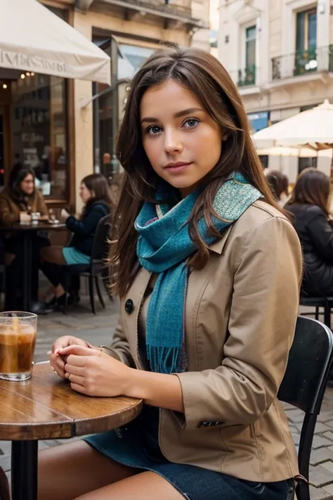 beautiful blue eyes tan brunette mid-length cut classy girl, multicolor scarf, sit in a café outdoor, portrait, photo, realistic