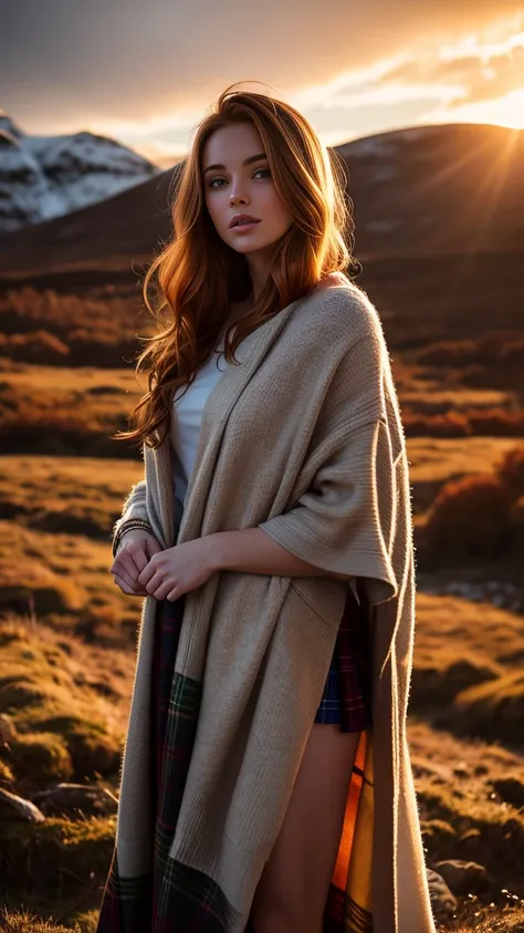 A beautiful stunning Scottish girl 20 years old with light ginger hair, standing naked with a plaid blanket draped over her shoulders in the chilly Scottish Highlands at sunset