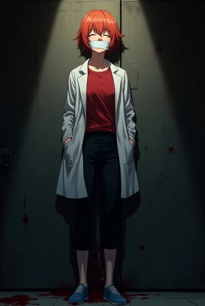 Photo
anime style 
woman
40 years old 
is dead
Is death 
Death dead
Closed eyes
Blood
dying
she is dead
wake
orange hair
shorts hair 
white lab coat
red t-shirt 
black pants
Blue shoes
White duct tape mouth 
White tape mouth 
Covered mouth with duct tape
D...